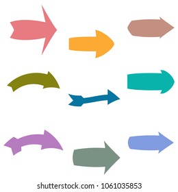 Set of nine multicolored various arrows. Vector illustration
