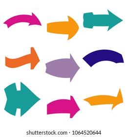 Set of nine multicolored various arrows. Vector illustration
