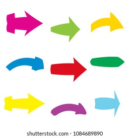 Set of nine multicolored various arrows. Vector illustration