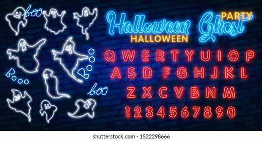 A set of nine neon signs in the form of ghosts. Ghost in neon style on brick background. Night bright advertisement. Can be used for signs, posters, billboards