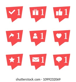 Set of nine notifications in social media. Heart, star, follower, message, check, gift, comment, like, repost. Vector illustration.
