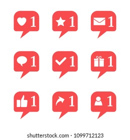 Set of nine notifications in social media. Heart, star, follower, message, check, gift, comment, like, repost. Vector illustration.
