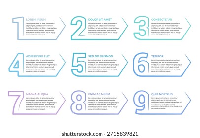 Conjunto de nueve números con flechas y lugar para su texto, elementos de infografía