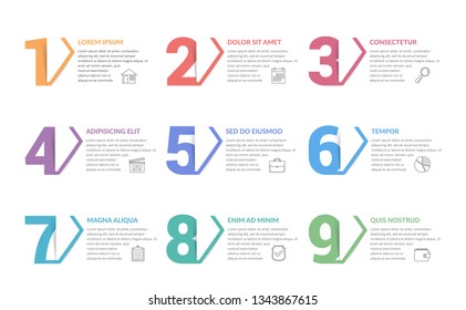 Set of nine numbers with place for your text, can be used as steps, options, process design, workflow, vector eps10 illustration