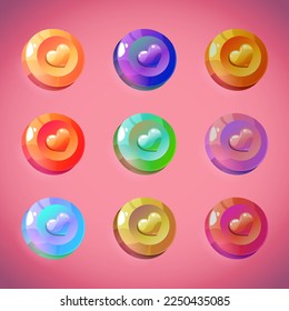 Set of nine objects for interface design. Bright multi-colored coins with hearts. Mobile game templates. Decoration for Valentine's Day.