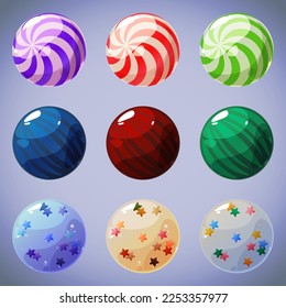 Set of nine objects for interface design. Bright multi-colored lollipops and candies. Templates for mobile games. Cute cartoon sweets.