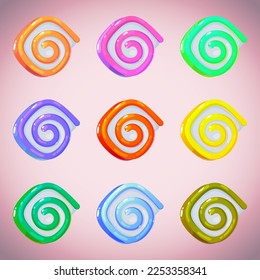 Set of nine objects for interface design. Bright multi-colored jelly candies. Templates for mobile games. Cute cartoon sweets.