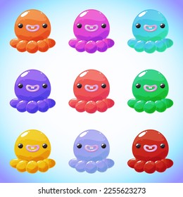 Set of nine objects for interface design. Bright multi-colored candies in the form of animal. Templates for mobile games. Cute cartoon sweets. Jelly octopus.