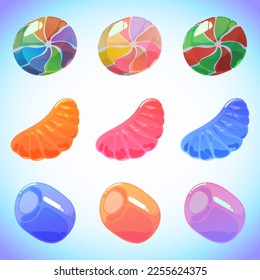 Set of nine objects for interface design. Bright multi-colored candies, marshmallows, jelly orange slices. Templates for mobile games. Cute cartoon sweets.