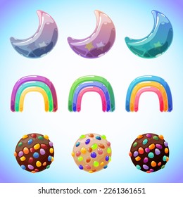 Set of nine objects for interface design. Bright multi-colored crescent moon, rainbow, chocolate candy. Templates for mobile games. Cute cartoon items.
