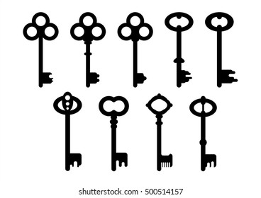 Set of nine old keys silhouettes