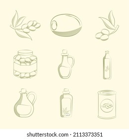 set of nine olive items