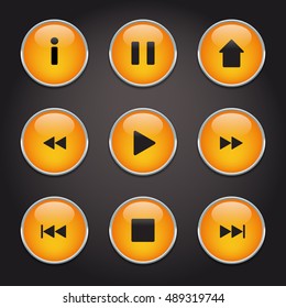 Set of nine orange buttons with shiny metal rims and reflections on a black background for internet icons or music app vector illustration.