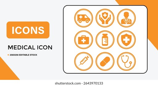 A set of nine orange medical icons in circles, including an ambulance, doctor, stethoscope, syringe, and first aid kit.