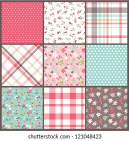 Set of nine orated seamless cute tiny floral,flowers with check and dots texture vector  background