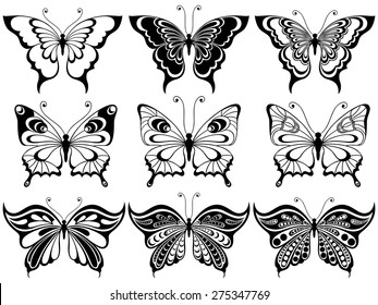Set of nine ornamental stencils of beautiful butterflies isolated on a white background, hand drawing vector illustration