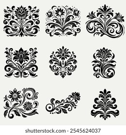 Set of nine ornate foliate and floral design elements in black and white for retro design
