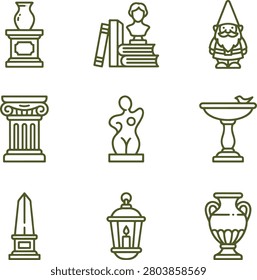 Set of nine outline featuring garden ornaments, classical statues, stone pillars, and antique lanterns on white background