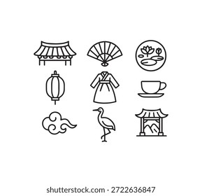 Ein Satz von neun Umrisssymbolen, die die koreanische und ostasiatische Kultur repräsentieren, darunter hanok fan hanbok laterne tea lotus cloud und crane, perfekt für kulturelle Designs.
