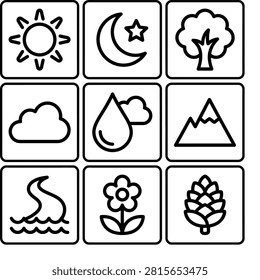 Set of Nine Outline Icons Representing Natural Elements and Celestial Bodies for Weather or Season Themes