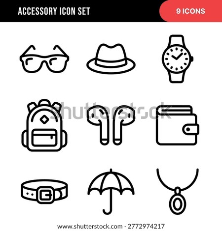 Set of Nine Outline Icons Representing Common Personal Accessories and Items