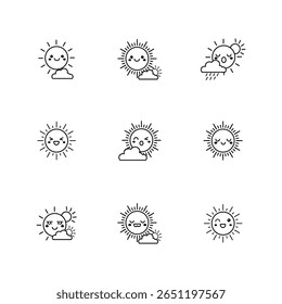 Um conjunto de nove ícones vetoriais de contorno com bonitos personagens do sol com várias expressões faciais e condições climáticas, incluindo ensolarado, nublado e chuvoso. Ideal para aplicativos meteorológicos, temas climáticos ou 