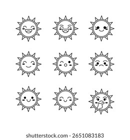A set of nine outline vector illustrations of suns with various cute facial expressions, ranging from happy and winking to sad and surprised. Ideal for weather, summer, or playful design elements.