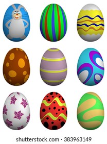 Set of nine painted easter eggs. Vector illustration.