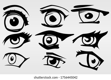 A set of nine painted eyes in various styles of performance. Set for various purposes. Vector illustration.
