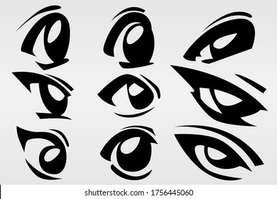 A set of nine painted eyes in various styles of performance. Set for various purposes. Vector illustration.