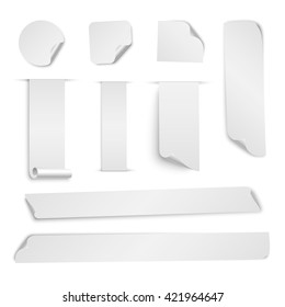Set of nine paper sticker templates with bent edge. Isolated on white background. Vector illustration, eps 10.
