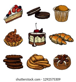 Set of nine pastries and buns on a white background. Freehand drawing.