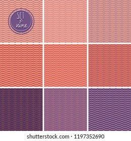 Set of nine patterns with sunset waves in orange and purple shades. Seamless vector repeat. Great for fabric design, wallpapers, backgrounds, home decor, scrapbooking, wrapping paper etc.