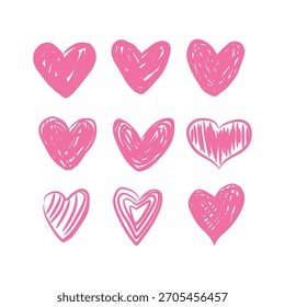 Set of Nine Pink Hand Drawn Heart Shapes Cute Doodle Sketch Romantic Vector Illustration