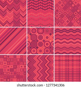 Set with nine pink seamless abstract geometric pattern, vector illustration