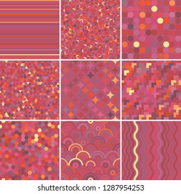 Set with nine pink seamless abstract geometric pattern, vector illustration