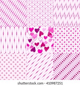 Set of nine pink seamless patterns with hearts