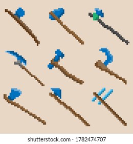A set of nine pixel axes. Image for icons, games, sites and more. Vector illustration.