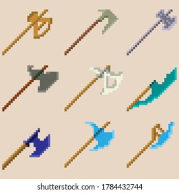 A set of nine pixel axes. Image for icons, games, sites and more. Vector illustration.