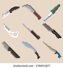 Set of nine pixel combat knives. Image for icons, games, sites and more. Vector illustration.