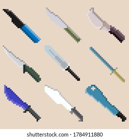 Set of nine pixel combat knives. Image for icons, games, sites and more. Vector illustration.