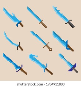 Set of nine pixel combat knives. Image for icons, games, sites and more. Vector illustration.