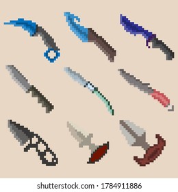Juego de cuchillos de combate de nueve píxeles. Imagen para iconos, juegos, sitios y más. Ilustración vectorial.