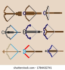 Conjunto de nueve píxeles de arco cruzado. Imagen para iconos, juegos, sitios y más. Ilustración vectorial.