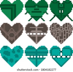 Set of nine pixel heart illustrations. Set of hearts of different colors and shapes. Vector illustration.
