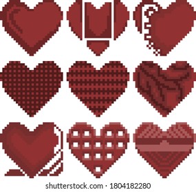 Set of nine pixel heart illustrations. Set of hearts of different colors and shapes. Vector illustration.