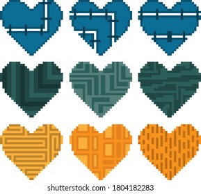 Set of nine pixel heart illustrations. Set of hearts of different colors and shapes. Vector illustration.