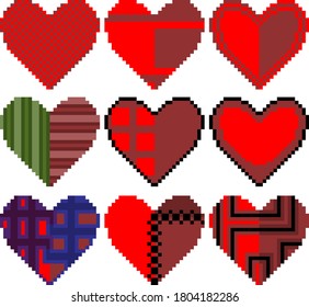 Set of nine pixel heart illustrations. Set of hearts of different colors and shapes. Vector illustration.