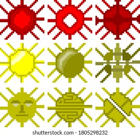 Un conjunto de ilustraciones de nueve píxeles que representan soles en diferentes colores y formas. Ilustración vectorial.