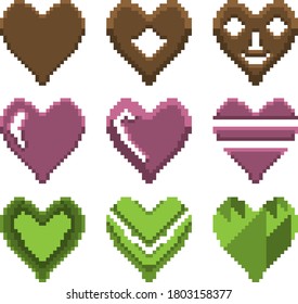 Set of nine pixel illustrations. Set of hearts of different colors and shapes. Vector illustration.